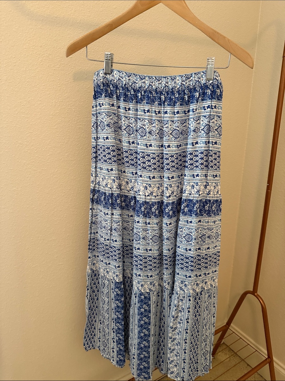 LOFT Navy and White Printed Tiered Maxi Skirt